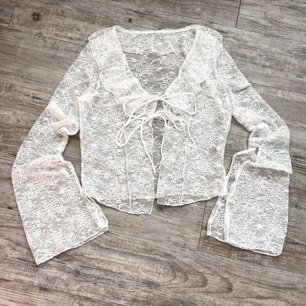 White Floral Lace Bell Sleeve Tie Front Top Coquette Valentine's Day Romantic L